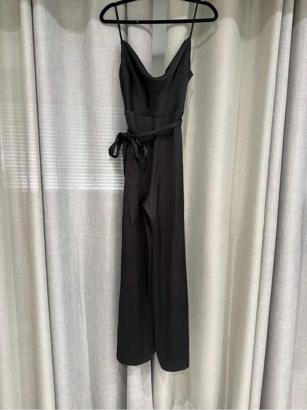 Express Black Satin Spaghetti-Strap Jumpsuit with Self Tie Waist